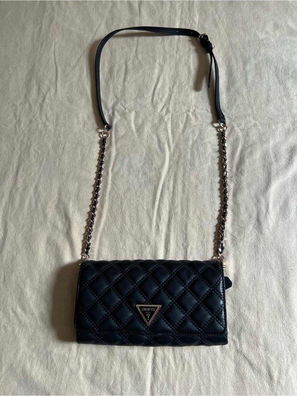 Guess Black Quilted Crossbody with Silver Chain Strap